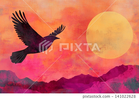 Vibrant sunset with a silhouetted bird above colorful mountains, minimalistic illustration Vibrant sunset with a silhouetted bird above colorful mountains, minimalistic illustration 141022628