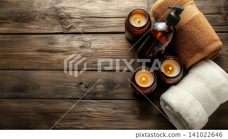 Relaxation essentials for a home spa on a wooden table, copy space, view from above Relaxation essentials for a home spa on a wooden table, copy space, view from above 141022646