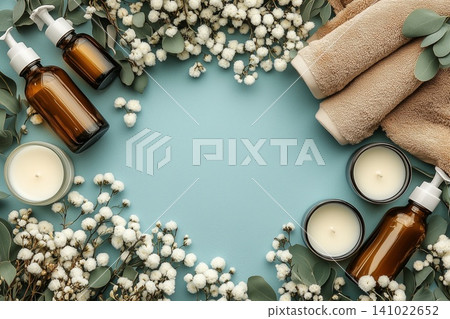 Elegant arrangement of beauty products and towels with soft floral accents on a blue background Elegant arrangement of beauty products and towels with soft floral accents on a blue background 141022652