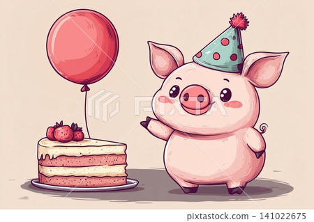 Cute pig wearing a party hat joyfully celebrates with a slice of cake and a balloon Cute pig wearing a party hat joyfully celebrates with a slice of cake and a balloon 141022675