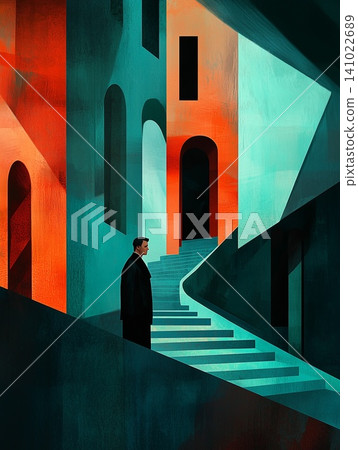 Abstract architectural representation with bold red and green colors and a lonely figure Abstract architectural representation with bold red and green colors and a lonely figure 141022689