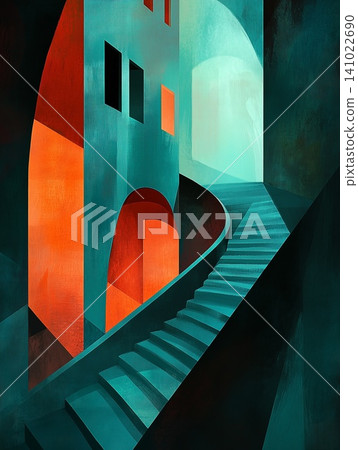 Abstract architectural representation with bold red and green colors and a lonely figure Abstract architectural representation with bold red and green colors and a lonely figure 141022690