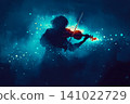 Silhouette of a mystical fairy woman playing violin amidst fog and ethereal atmosphere at twilight 141022729
