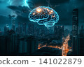 Digital brain network over a bustling city skyline at night with illuminated skyscrapers 141022879