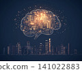 Illustration of bright glowing brain hovering over a city showcasing creativity and innovation 141022883