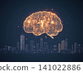 Illustration of bright glowing brain hovering over a city showcasing creativity and innovation 141022886