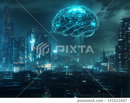 Digital brain network over a bustling city skyline at night with illuminated skyscrapers Digital brain network over a bustling city skyline at night with illuminated skyscrapers 141022887
