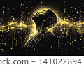 Black woman, enjoying music with a glow of lights and notes in a vibrant night setting 141022894
