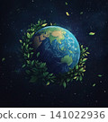 Planet Earth with vibrant greenery and blue oceans against a dark background, environmental theme 141022936