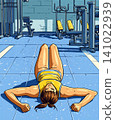 Illustration of fitness enthusiast takes a break on the gym floor after an intense workout session 141022939