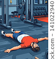 Illustration of fitness enthusiast takes a break on the gym floor after an intense workout session 141022940