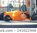 Illustration of fitness enthusiast takes a break on the gym floor after an intense workout session 141022948