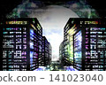 Game background: Night view of an office district with colorful streetlights 141023040