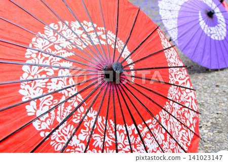 Vibrant red and purple Japanese umbrellas spread across the grove of Japanese umbrellas at Omiya Hikawa Shrine. Vibrant red and purple Japanese umbrellas spread across the grove of Japanese umbrellas at Omiya Hikawa Shrine. 141023147