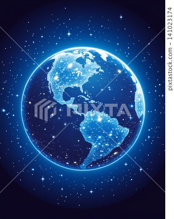 Brightly lit planet Earth viewed from space against a starry background showing continents and oceans in detail Brightly lit planet Earth viewed from space against a starry background showing continents and oceans in detail 141023174