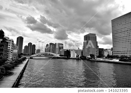A view of the tower apartment buildings in Tsukuda, Chuo Ward, across the Eitai Bridge from the Sumida River Terrace. Rain clouds. Monochrome. A view of the tower apartment buildings in Tsukuda, Chuo Ward, across the Eitai Bridge from the Sumida River Terrace. Rain clouds. Monochrome. 141023395