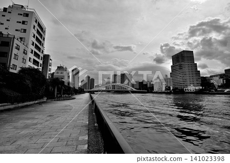 A view of the tower apartment buildings in Tsukuda, Chuo Ward, across the Eitai Bridge from the Sumida River Terrace. Rain clouds. Monochrome. A view of the tower apartment buildings in Tsukuda, Chuo Ward, across the Eitai Bridge from the Sumida River Terrace. Rain clouds. Monochrome. 141023398