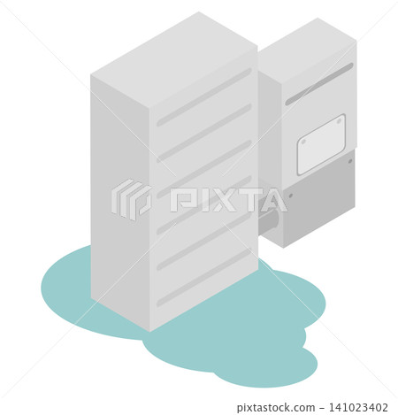 An illustrative image showing a water leak problem occurring in the tank of an isometric home battery storage system. An illustrative image showing a water leak problem occurring in the tank of an isometric home battery storage system. 141023402