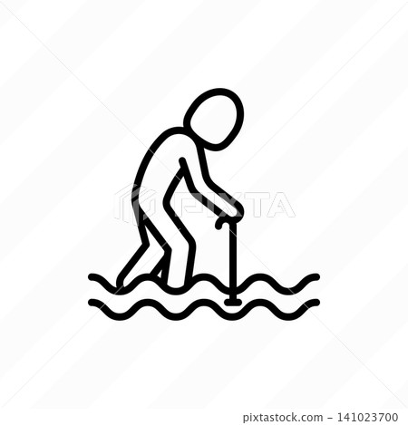 Accessible beach walking with crutch icon for people with mobility disabilities. Amphibious crutches. Barrier free beach. Thin line icon. Vector illustration. Accessible beach walking with crutch icon for people with mobility disabilities. Amphibious crutches. Barrier free beach. Thin line icon. Vector illustration. 141023700