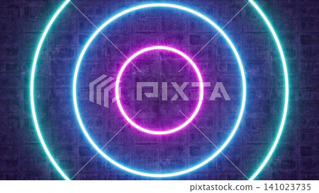 Glowing Neon Circle Light Frame on the Cement Wall 3D Rendering Glowing Neon Circle Light Frame on the Cement Wall 3D Rendering 141023735