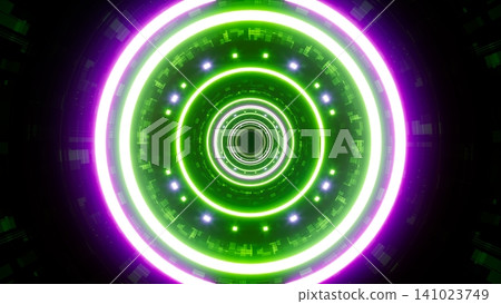 Neon Circle Light in Green Cyber Tunnel Neon Circle Light in Green Cyber Tunnel 141023749