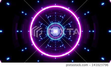 Circle and Dotted Pattern Neon Light in Dark Corridor Circle and Dotted Pattern Neon Light in Dark Corridor 141023796