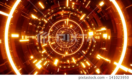 Red mechanical technology tunnel decorated with fiery light lamps Red mechanical technology tunnel decorated with fiery light lamps 141023950