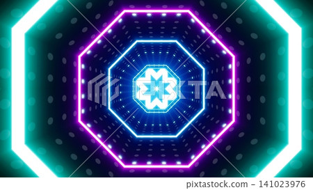 octagon Shaped neon lamp in geometric tunnel octagon Shaped neon lamp in geometric tunnel 141023976