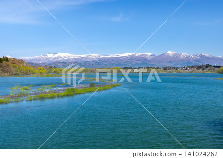 從岩手縣岩手郡雫石町雫石川上的雫石湖上的安波橋,可以看到湖對岸白雪皚皚的秋田駒岳和雫石滑雪場。 從岩手縣岩手郡雫石町雫石川上的雫石湖上的安波橋,可以看到湖對岸白雪皚皚的秋田駒岳和雫石滑雪場。 141024262