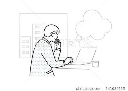 Worried, anxious, concerned - Man in an office working on a computer - Troubled expression - Trouble - Simple vector illustration 141024335