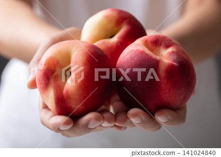 Close-up of fresh white peaches holding by woman hand, Summer fruit Close-up of fresh white peaches holding by woman hand, Summer fruit 141024840