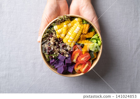 Salad with lettuce, sweet corn, pumpkin, tomato, purple sweet potato, azuki bean and quinao seed Salad with lettuce, sweet corn, pumpkin, tomato, purple sweet potato, azuki bean and quinao seed 141024853