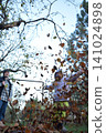 Young father, pre-teen daughter and son in warm autumn clothes spending quality time together among fallen leaves. Happy family enjoying the beauty of fall, playful moments and family life outdoors 141024898