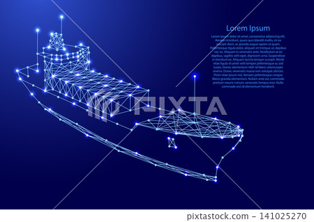 container ship from futuristic polygonal blue lines and glowing stars for banner, poster, greeting card 141025270