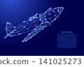 old fighter plane from futuristic polygonal blue lines and glowing stars for banner, poster, greeting card 141025273