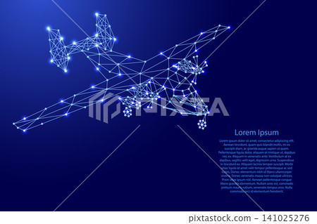 light-engine aircraft from futuristic polygonal blue lines and glowing stars for banner, poster, greeting card 141025276
