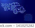 old flatbed truck from futuristic polygonal blue lines and glowing stars for banner, poster, greeting card 141025282