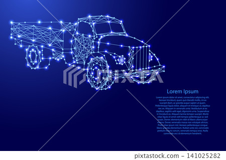 old flatbed truck from futuristic polygonal blue lines and glowing stars for banner, poster, greeting card 141025282