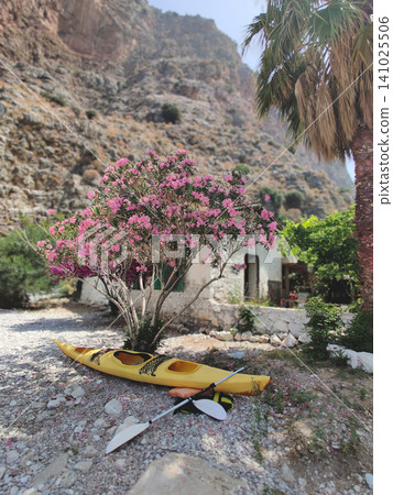 Yellow kayak on a pebble beach under blooming oleander in Butterfly Valley Turkey Yellow kayak on a pebble beach under blooming oleander in Butterfly Valley Turkey 141025506