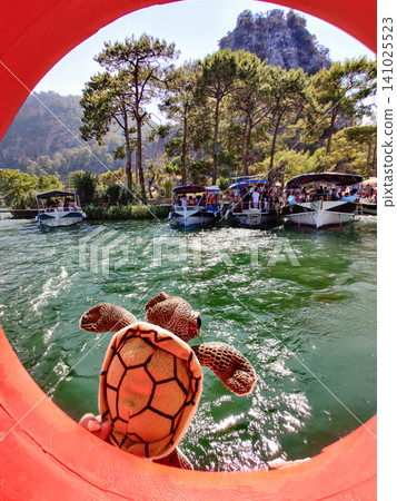 a turtle soft toy in a lifebuoy on a boat a turtle soft toy in a lifebuoy on a boat 141025523
