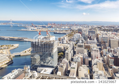A panoramic view of the Yokohama Minato Mirai cityscape and Yokohama Port. A panoramic view of the Yokohama Minato Mirai cityscape and Yokohama Port. 141025667