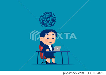 Cute little business. Businesswoman with bad mood sitting at a desk Cute little business. Businesswoman with bad mood sitting at a desk 141025876