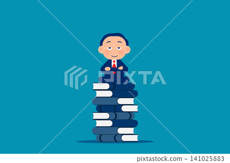 Businessman sitting in a lotus meditation pose on top of a huge pile of books to represent learning and peace. Businessman sitting in a lotus meditation pose on top of a huge pile of books to represent learning and peace. 141025883