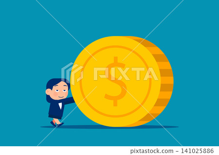 Cute little business. Businesswoman push the large coin away. Cute little business. Businesswoman push the large coin away. 141025886