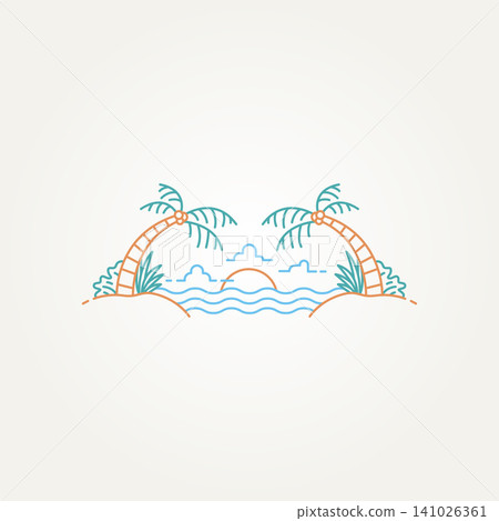 minimalist summer tropical island line art icon logo template vector illustration design. simple modern tropical beach vacation with palm tree and sunset symbol logo concept minimalist summer tropical island line art icon logo template vector illustration design. simple modern tropical beach vacation with palm tree and sunset symbol logo concept 141026361