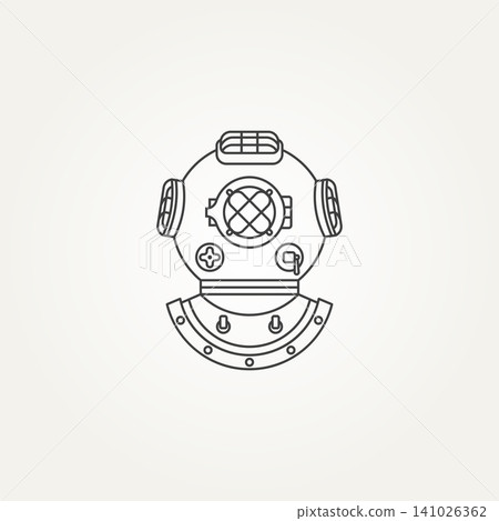 minimalist classic vintage diving helmet line art icon logo template vector illustration design. old underwater diving helmet icon logo concept 141026362