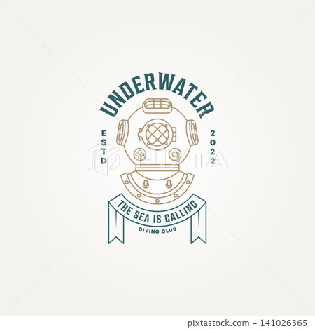 vintage underwater diving club classic line art icon logo template vector illustration design. retro antique diving helmet logo concept 141026365