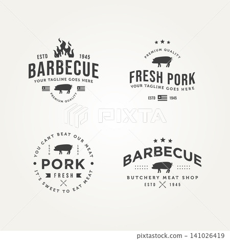 set of vintage classic barbecue fresh pork icon logo template vector illustration design. retro butchery, meat shop, restaurant logo concept set of vintage classic barbecue fresh pork icon logo template vector illustration design. retro butchery, meat shop, restaurant logo concept 141026419