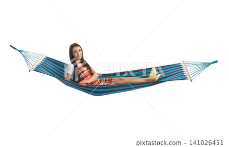 Woman resting in hammock on white background Woman resting in hammock on white background 141026451