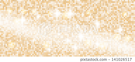 Disco ball sparkle on golden mosaic background for nightclub flyer. Bright disco shimmer over a tile background by warm light. Vector dance backdrop with mirror gradient and brass tones blinks Disco ball sparkle on golden mosaic background for nightclub flyer. Bright disco shimmer over a tile background by warm light. Vector dance backdrop with mirror gradient and brass tones blinks 141026517
